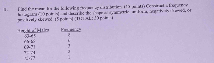 Find the mean for the following frequency distribution. (15 points) Construct a frequency 
histogram (10 points) and describe the shape as symmetric, uniform, negatively skewed, or 
positively skewed. (5 points) (TOTAL: 30 points)