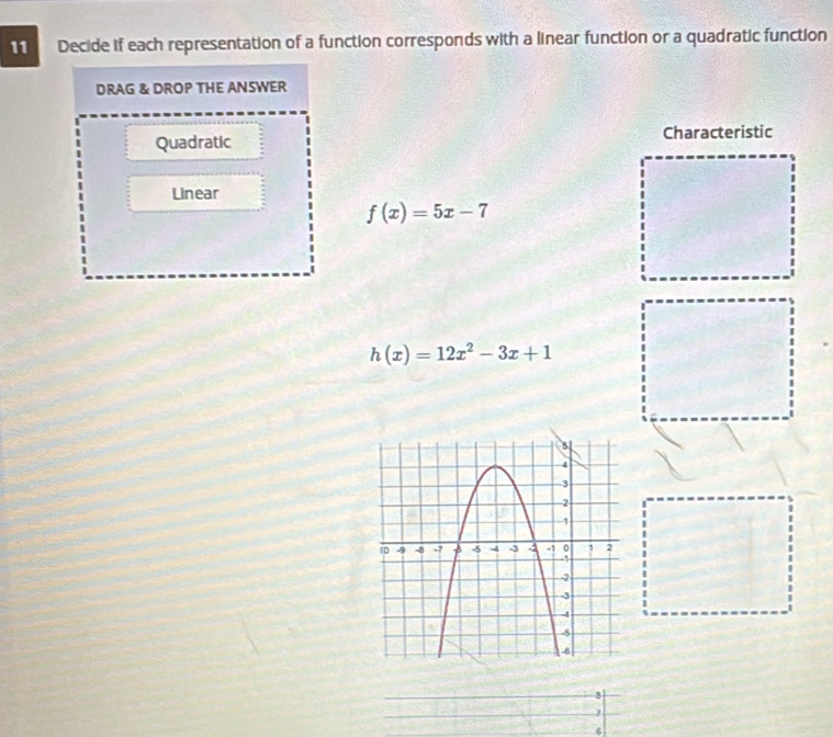 Decide if each representation of a function corresponds with a linear function or a quadratic function 
DRAG & DROP THE ANSWER 
Quadratic Characteristic 
Linear
f(x)=5x-7
h(x)=12x^2-3x+1
8
7
6