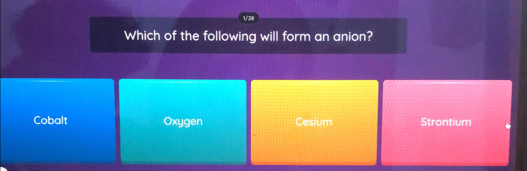 1/28
Which of the following will form an anion?
Cobalt Oxygen Cesium Strontium