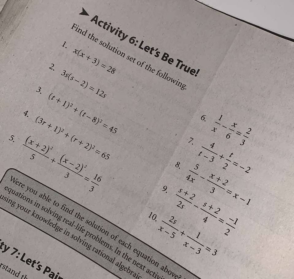 Solved: Activity 6: Let’s Be True 1. ind the solution set of the ...