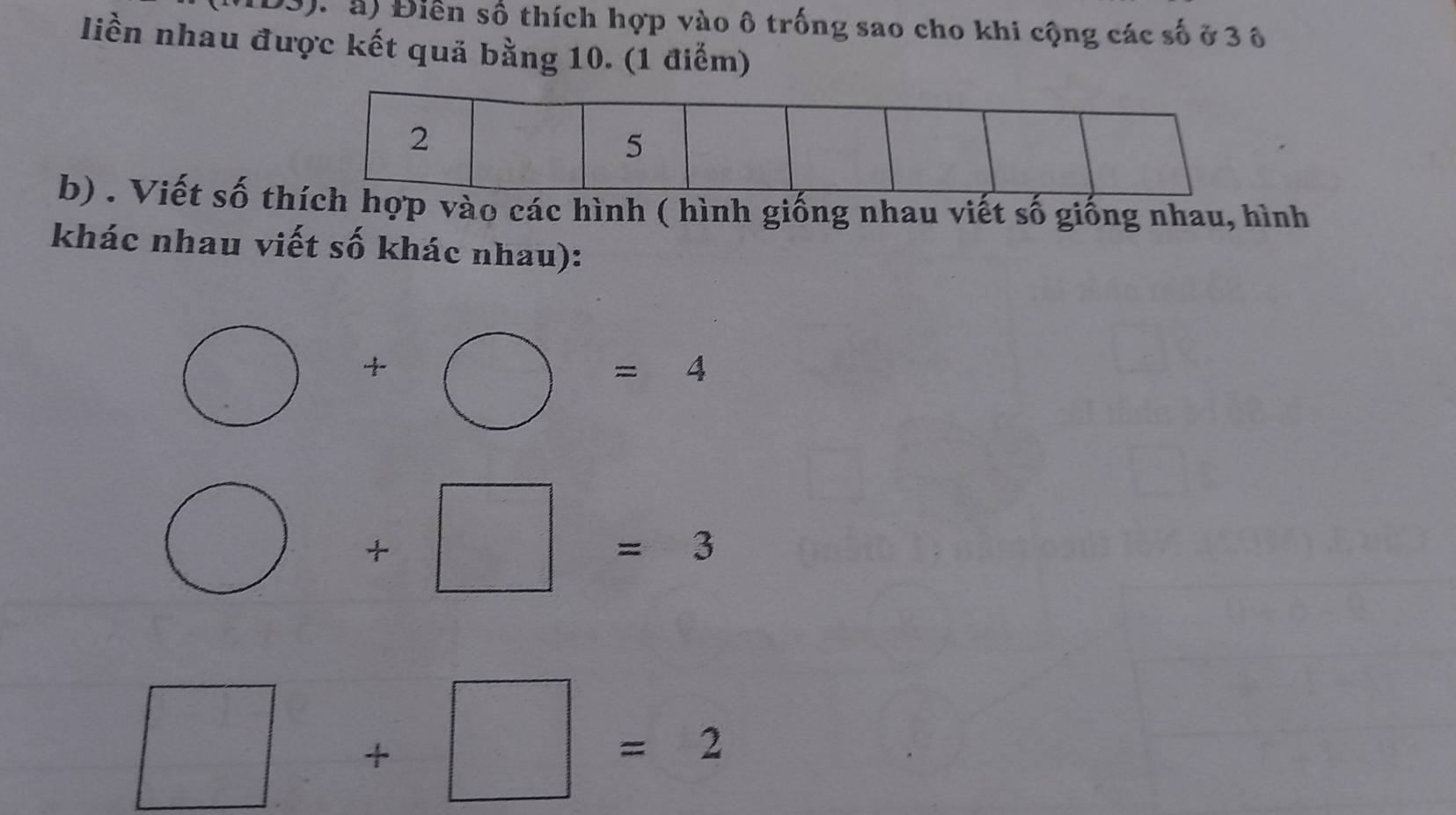 3). à) Điển số thích hợp vào ô trống sao cho khi cộng các số ở 3 ô 
liền nhau được kết quả bằng 10. (1 điểm) 
b) . Viết số thp vào các hình ( hình giống nhau viết số giống nhau, hình 
khác nhau viết số khác nhau):
bigcirc +bigcirc =4
bigcirc +□ =3
□ +□ =2