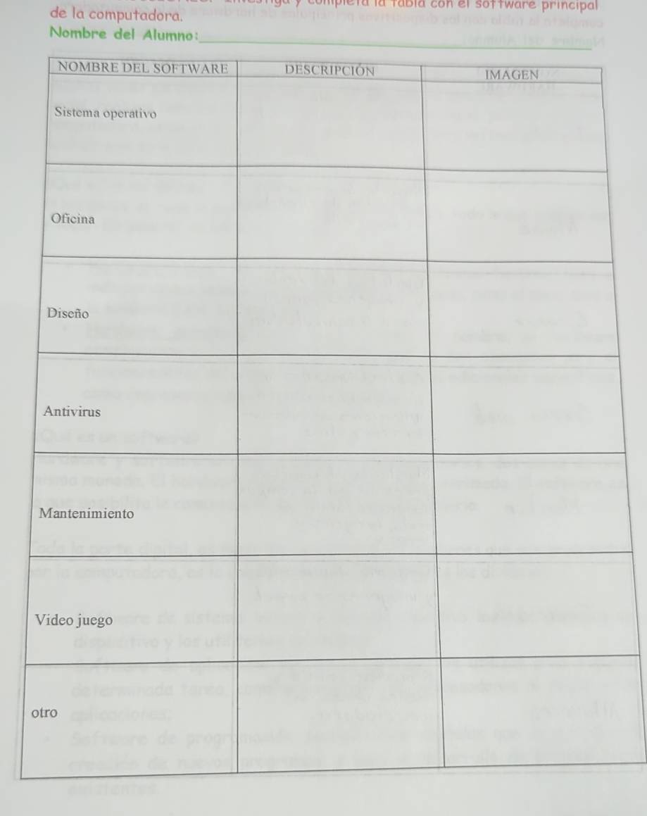 ompleta la tábía con el software principal 
de la computadora. 
Nombre del Alumno: 
V 
o