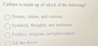 Culture is made up of which of the following?
Norms, values, and customs
Symbols, thoughts, and traditions
Politics, religions, and philosophies
All the above