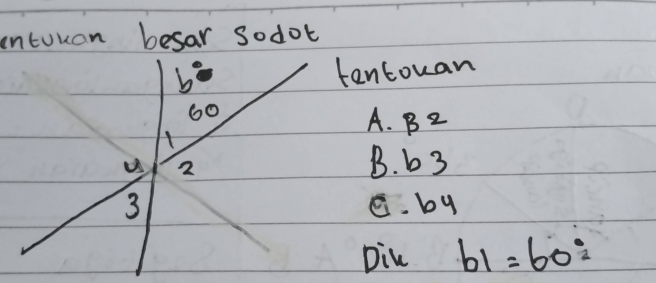 ontuuan besar sodot
entouan
A. B2
B. b3
C. by
Dik
b1=60°