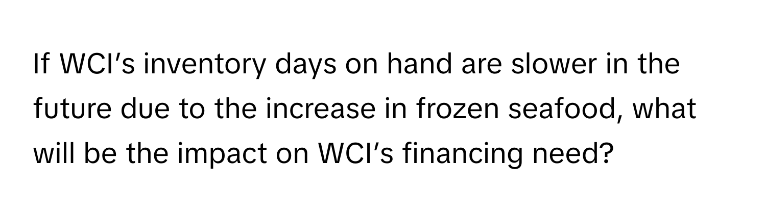 If WCI’s inventory days on hand are slower in the future due to the increase in frozen seafood, what will be the impact on WCI’s financing need?