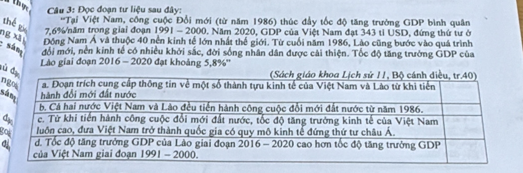 thực Câu 3: Đọc đoạn tư liệu sau đây: 
*Tại Việt Nam, công cuộc Đổi mới (từ năm 1986) thúc đầy tốc độ tăng trưởng GDP bình quân 
thế gié 7.6% /năm trong giai đoạn 1991 - 2000. Năm 2020, GDP của Việt Nam đạt 343 tỉ USD, đứng thứ tư ở 
ng xã 
Động Nam Á và thuộc 40 nền kinh tế lớn nhất thế giới. Từ cuối năm 1986, Lào cũng bước vào quá trình 
sáng đổi mới, nền kinh tế có nhiều khởi sắc, đời sống nhân dân được cải thiện. Tốc độ tăng trưởng GDP của 
Lào giai đoạn 2016 - 2020 đạt khoảng 5, 8% '' 
ủ 
ns 
đ 
go 
đ