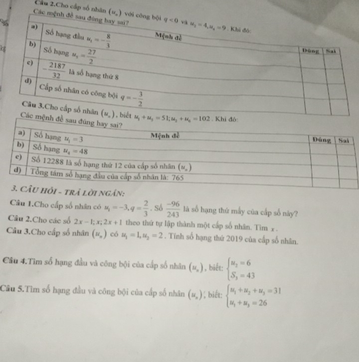 Cầu 2.Cho cấp số nhân (u_n)
Các 
σ
s
ÁN:
Câu 1.Cho cấp số nhân có u_1=-3,q= 2/3 . Số  (-96)/243  là số hạng thứ mấy của cấp số này?
Câu 2.Cho các số 2x-1;x;2x+1 theo thứ tự lập thành một cấp số nhân. Tìm x .
Câu 3.Cho cấp số nhân (u_n) có u_1=1,u_2=2. Tính số hạng thứ 2019 của cấp số nhân.
Câu 4.Tìm số hạng đầu và công bội của cấp số nhân (u_n) , biết: beginarrayl u_2=6 S_3=43endarray.
Câu 5.Tìm số hạng đầu và công bội của cấp số nhân (u_n) , biết: beginarrayl u_1+u_2+u_3=31 u_1+u_3=26endarray.