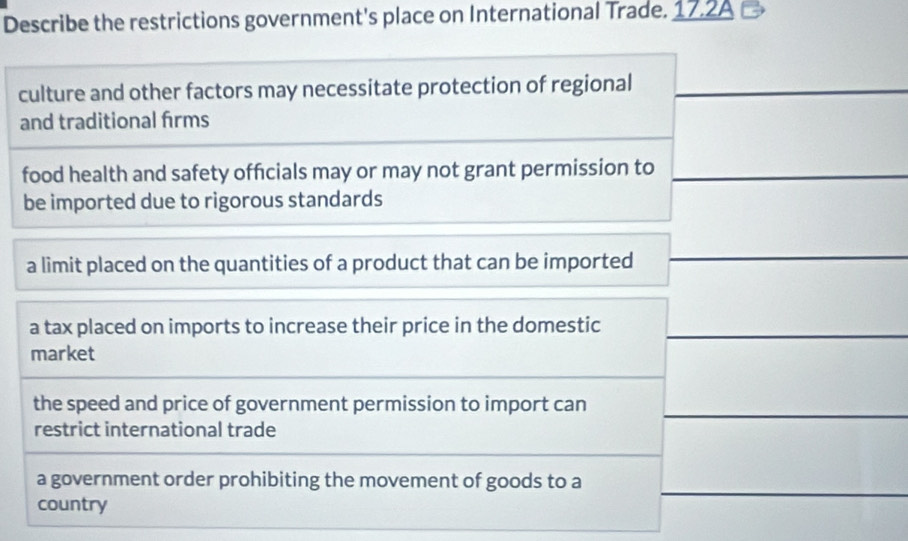 Describe the restrictions government's place on International Trade. 17.2A
c
a
f