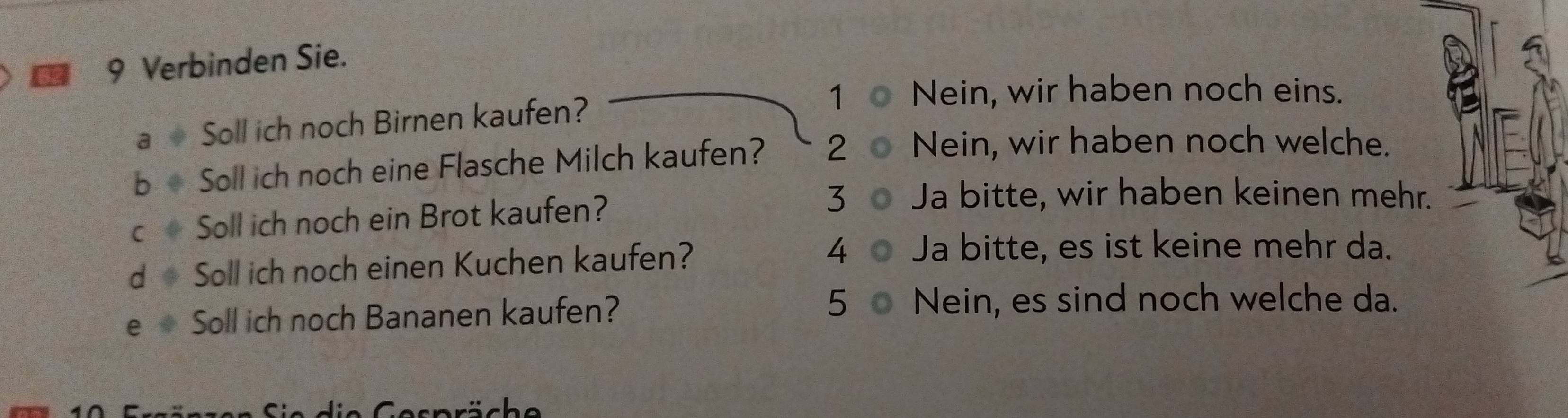 Verbinden Sie.
1 Nein, wir haben noch eins.
a Soll ich noch Birnen kaufen?
b Soll ich noch eine Flasche Milch kaufen? 2 Nein, wir haben noch welche.
C Soll ich noch ein Brot kaufen? 3 Ja bitte, wir haben keinen mehr.
d Soll ich noch einen Kuchen kaufen? 4 Ja bitte, es ist keine mehr da.
e Soll ich noch Bananen kaufen? 5 Nein, es sind noch welche da.
die Gespräche