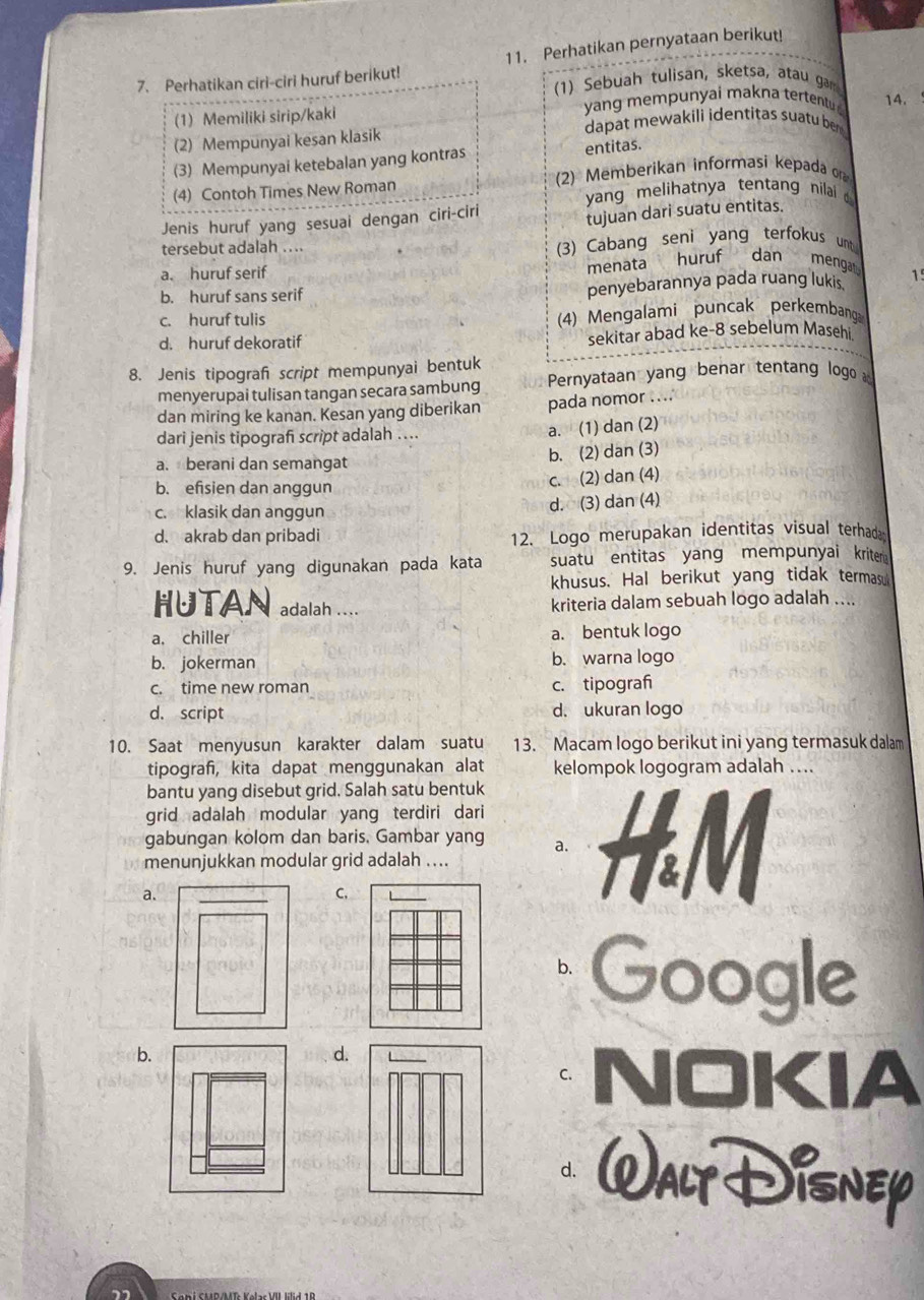 Perhatikan pernyataan berikut!
7. Perhatikan ciri-ciri huruf berikut!
(1) Sebuah tulisan, sketsa, atau gam
(1) Memiliki sirip/kaki yang mempunyai makna tertentu 14.
dapat mewakili identitas suatu be 
(2) Mempunyai kesan klasik
(3) Mempunyai ketebalan yang kontras entitas.
(4) Contoh Times New Roman (2) Memberikan informasi kepada 
yang melihatnya tentang nilai d 
Jenis huruf yang sesuai dengan ciri-ciri
tujuan dari suatu entitas.
tersebut adalah ....
(3) Cabang seni yang terfokus unt
a. huruf serif
menata huruf dan mengan
b. huruf sans serif penyebarannya pada ruang lukis. 15
c. huruf tulis (4) Mengalami puncak perkembanga
d. huruf dekoratif sekitar abad ke-8 sebelum Masehi
8. Jenis tipograf script mempunyai bentuk
menyerupai tulisan tangan secara sambung  Pernyataan yang benar tentang logo 
dan miring ke kanan. Kesan yang diberikan pada nomor …...
dari jenis tipograf script adalah ….. a. (1) dan (2)
a. berani dan semangat
b. (2) dan (3)
b. efisien dan anggun
c. (2) dan (4)
c. klasik dan anggun d. (3) dan (4)
d. akrab dan pribadi
12. Logo merupakan identitas visual terhad
9. Jenis huruf yang digunakan pada kata suatu entitas yang mempunyai kriter 
khusus. Hal berikut yang tidak termasul
HUTAN adalah ....
kriteria dalam sebuah logo adalah ....
a. chiller a. bentuk logo
b. jokerman b. warna logo
c. time new roman c. tipograf
d. script d. ukuran logo
10. Saat menyusun karakter dalam suatu 13. Macam logo berikut ini yang termasuk dalam
tipograf, kita dapat menggunakan alat kelompok logogram adalah ....
bantu yang disebut grid. Salah satu bentuk
grid adalah modular yang terdiri dari
gabungan kolom dan baris, Gambar yang a.
menunjukkan modular grid adalah ....
a.
C.
  
b. Google
b.
d.
C. NOKIA
d.