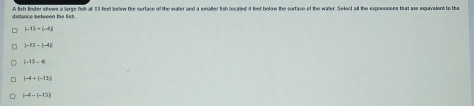 A fish finder shows a large fish at 13 feel below the surface of the water and a smaller fish lecated 4 feet below the surface of the water. Select all the expressions that ass equivalent to the
|-13+(-4)|
|-13-|-4|
|-13-4|
1=4=1=13sqrt(sqrt 6)
(-8-(-1)|