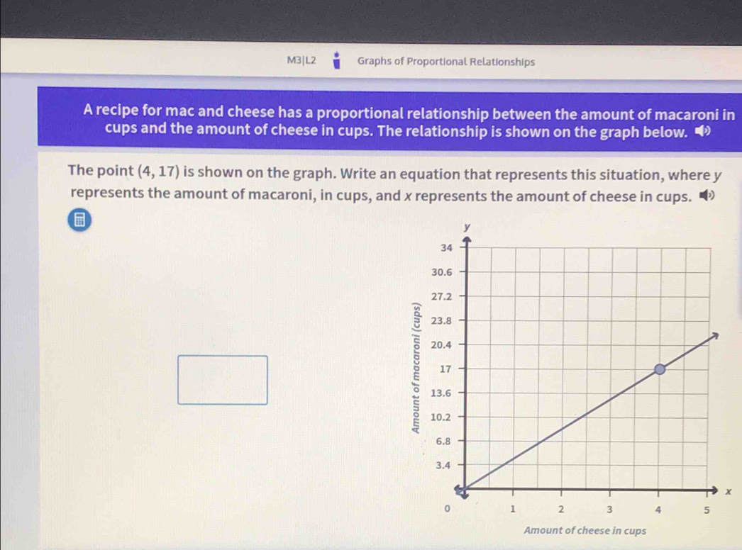 M3|L2 Graphs of Proportional Relationships 
A recipe for mac and cheese has a proportional relationship between the amount of macaroni in 
cups and the amount of cheese in cups. The relationship is shown on the graph below. • 
The point (4,17) is shown on the graph. Write an equation that represents this situation, where y
represents the amount of macaroni, in cups, and x represents the amount of cheese in cups.
x
Amount of cheese in cups