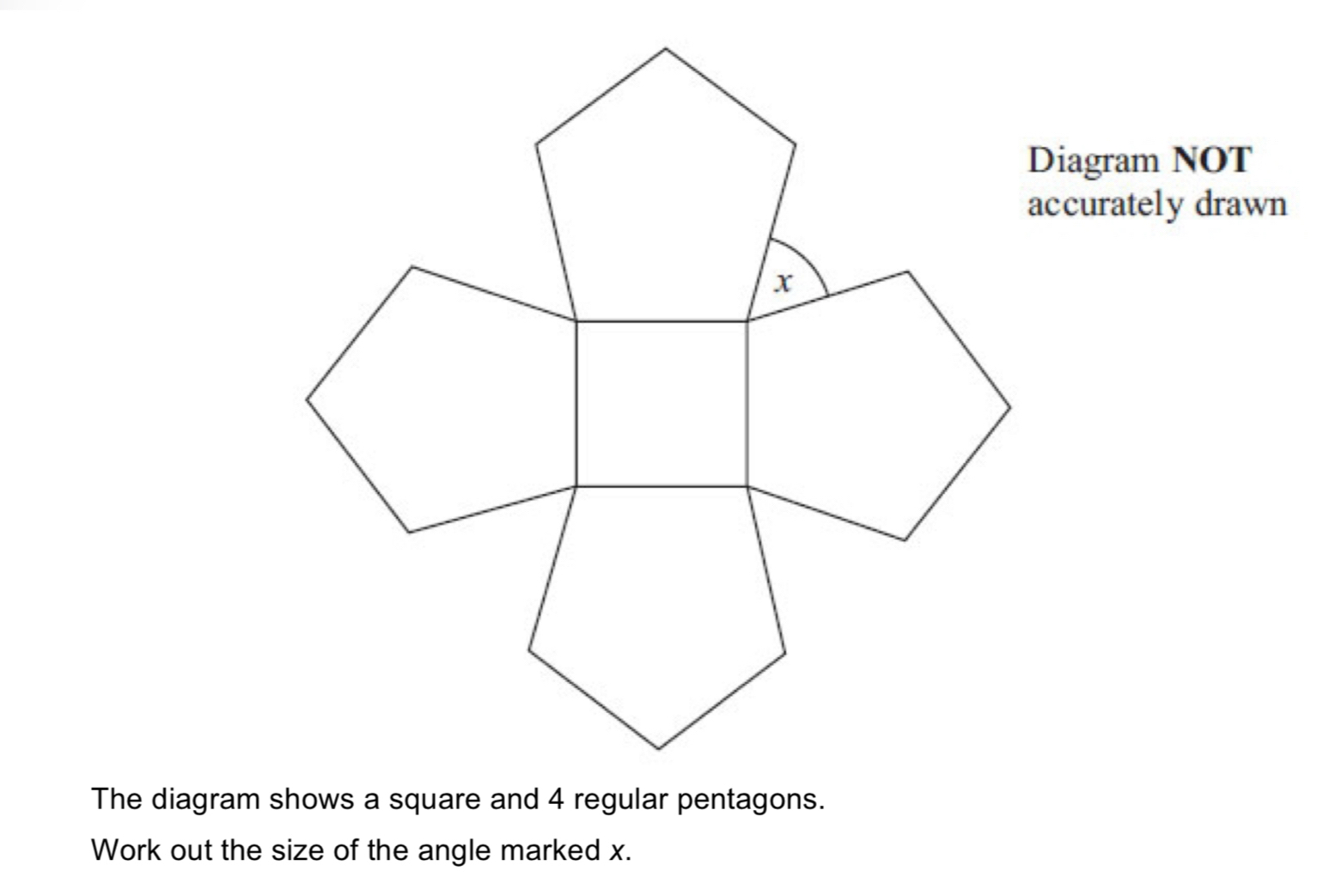 iagram NOT 
ccurately drawn 
The diagram 
Work out the size of the angle marked x.