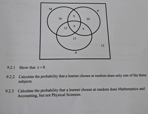 Show that x=8. 
9.2.2 Calculate the probability that a learner chosen at random does only one of the three 
subjects. 
9.2.3 Calculate the probability that a learner chosen at random does Mathematics and 
Accounting, but not Physical Sciences.