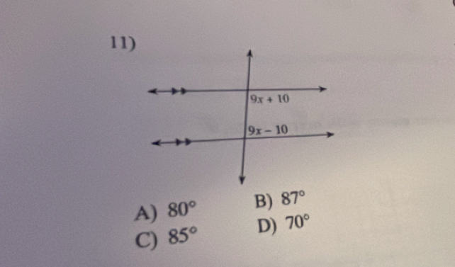 A) 80° B) 87°
C) 85° D) 70°