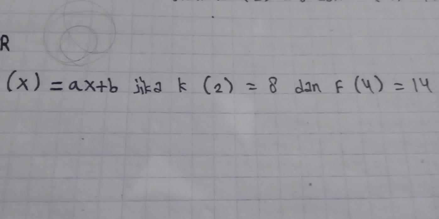 (x)=ax+b likd k(2)=8 dan f(4)=14