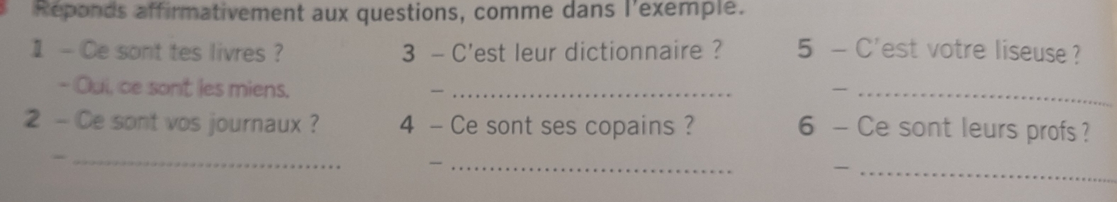 Reponds affirmativement aux questions, comme dans l'exemple. 
1 - Ce sont tes livres ? 3 - C'est leur dictionnaire ? 5 - C'est votre liseuse ? 
- Oui, ce sont les miens._ 

_ 
2 - Ce sont vos journaux ? 4 - Ce sont ses copains ? 6 - Ce sont leurs profs ? 
_ 
_ 
_