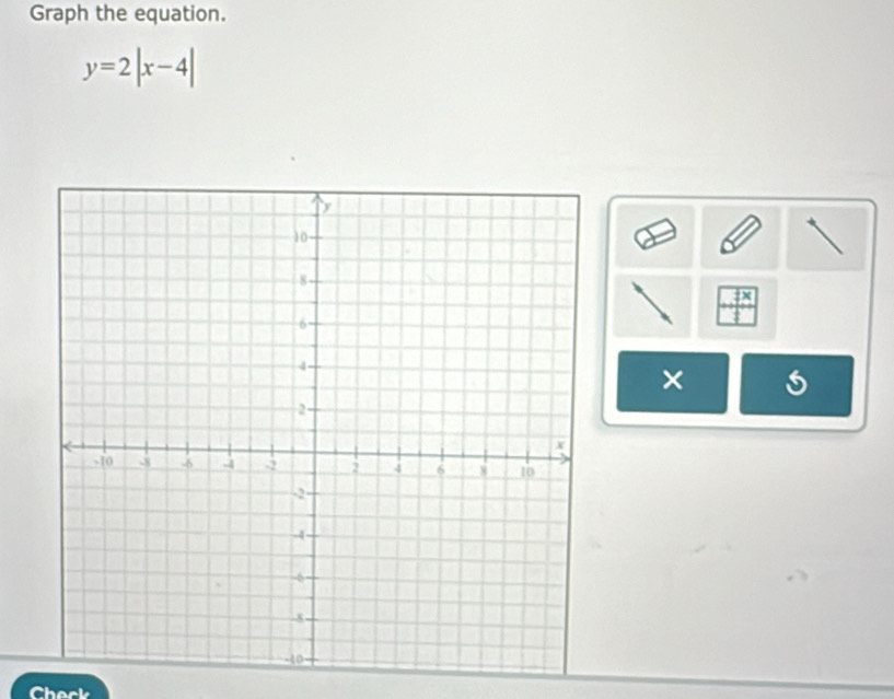 Graph the equation.
y=2|x-4|
× 
Check