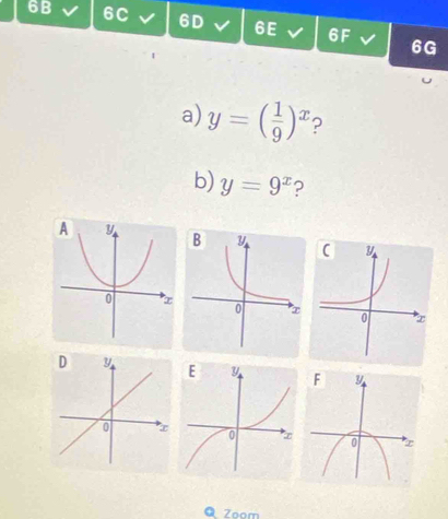 6B 6C 6D 6E 6F 6G
a) y=( 1/9 )^x ?
b) y=9^x ?
Q Zoom