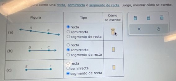 cura como una recta, semirrecta o segmento de recta. Luego, mostrar cómo se escribe.