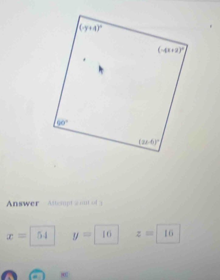 Answer   Attempt  s on of y
x= | 54 y=16 z=16