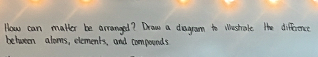 How can matter be arranged? Draw a diagram to illestrake the diffirence 
between aloms, elements, and compounds