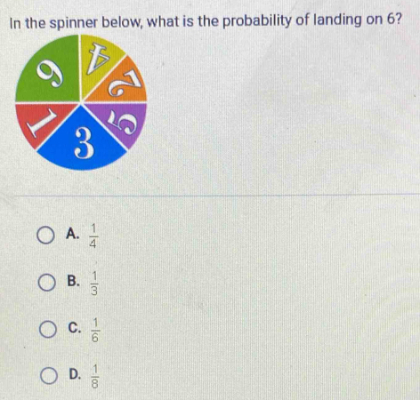 In the spinner below, what is the probability of landing on 6?
A.  1/4 
B.  1/3 
C.  1/6 
D.  1/8 