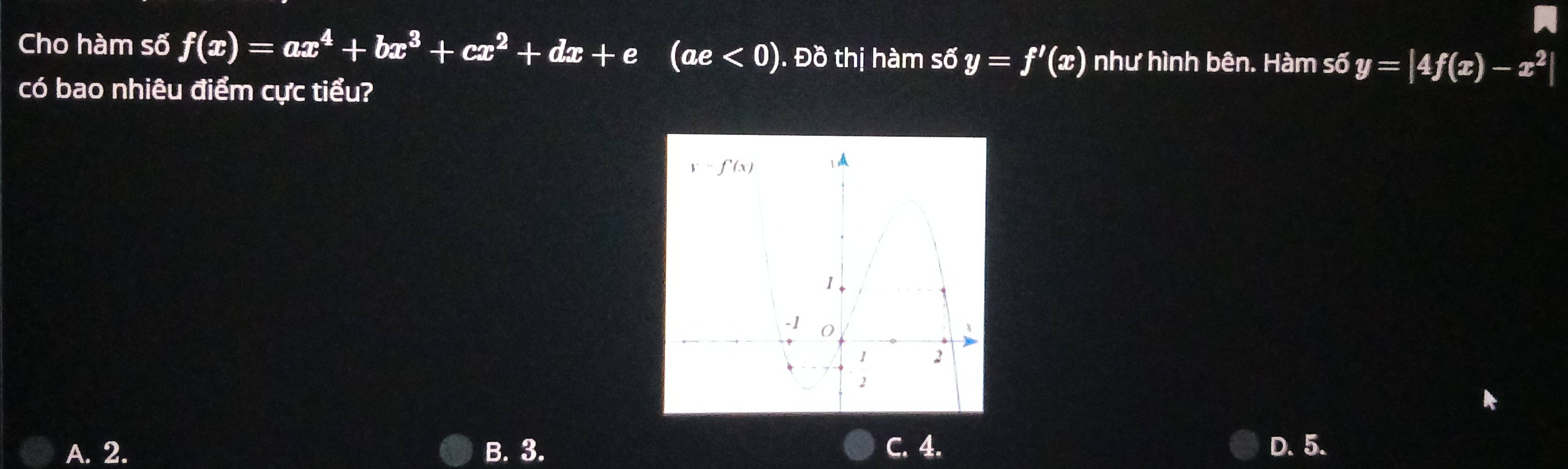 Cho hàm số f(x)=ax^4+bx^3+cx^2+dx+e(ae<0) ). Đồ thị hàm số y=f'(x) như hình bên. Hàm số y=|4f(x)-x^2|
có bao nhiêu điểm cực tiểu?
A. 2. B. 3. C. 4. D. 5.