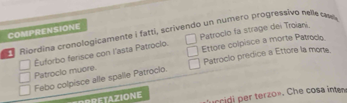 COMPRENSIONE 
Riordina cronologicamente i fatti, scrivendo un numero progressivo nelle caselle Patroclo fa strage dei Troiani. 
Ettore colpisce a morte Patroclo. 
Éuforbo ferisce con l'asta Patroclo. 
Patroclo muore. Patroclo predice a Ettore la morte. 
Febo colpisce alle spalle Patroclo. 
RRETAZIONE 
uccidi per terzo». Che cosa intene