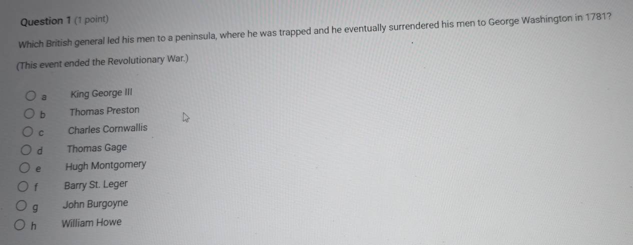 Which British general led his men to a peninsula, where he was trapped and he eventually surrendered his men to George Washington in 1781?
(This event ended the Revolutionary War.)
a King George III
b Thomas Preston
C Charles Cornwallis
d Thomas Gage
e Hugh Montgomery
f Barry St. Leger
g John Burgoyne
h William Howe