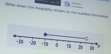 Calculator 
Bokwork code: 5F not allowed 
Write down the inequality shown on the number line below.