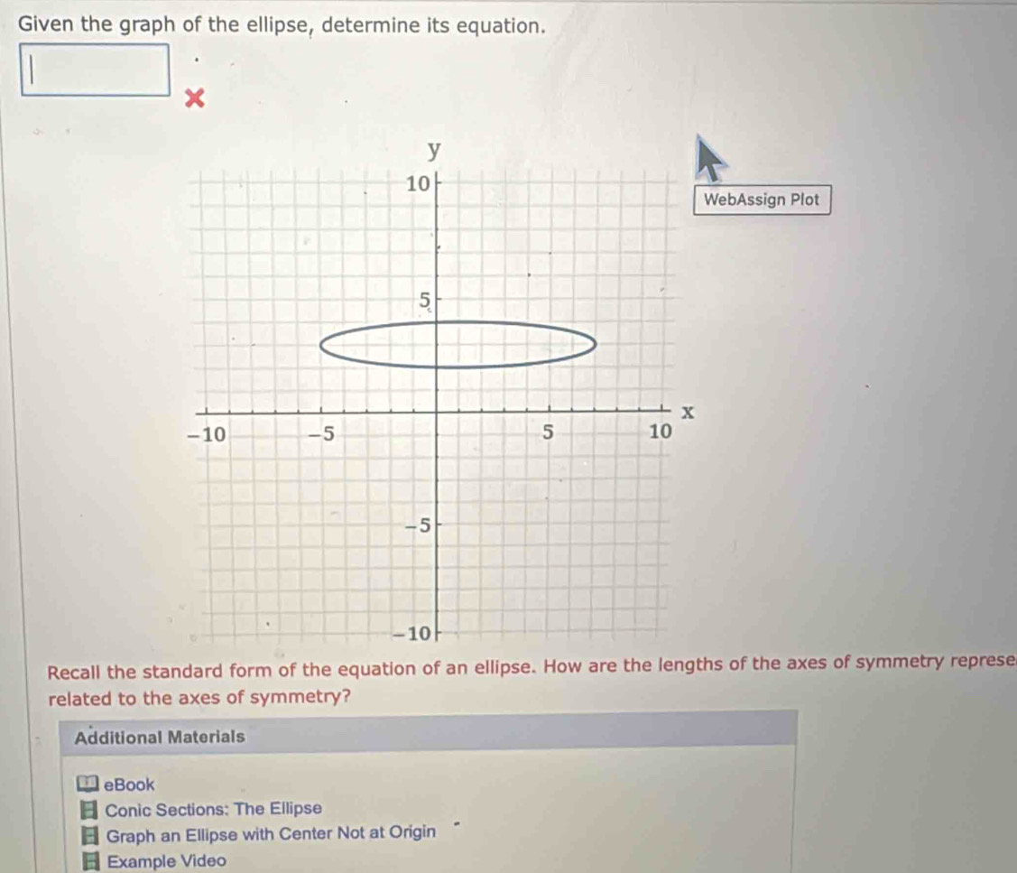 Given the graph of the ellipse, determine its equation. 
ebAssign Plot 
Recall the standard form of the equation of an ellipse. How are the lengths of the axes of symmetry represe 
related to the axes of symmetry? 
Additional Materials 
eBook 
Conic Sections: The Ellipse 
Graph an Ellipse with Center Not at Origin 
Example Video