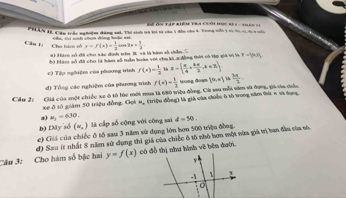 14,5,7.5) 17.5, 100
4
Để Ôn tập kiêm tra cuôi học kì 1 - toán 11
PHÂN II. Câu trắc nghiệm đủng sai. Thí sinh trả lời từ câu 1 đến câu 4. Trong mỗi ý s), b), c), đ) ở mỗi
cầu, thí sinh chọn đủng hoặc sai.
Câu 1: Cho hàm số y=f(x)= 1/2 cos 2x+ 1/2 .
a) Hàm số đã cho xác đinh trên R và là hàm số chẵn. S
b) Hàm số đã cho là hàm số tuần hoàn với chu kì π đồng thời có tập giá trị là T=[0,1]. 
c) Tập nghiệm của phương trình f(x)= 1/2  là S=  π /4 + kπ /2 ,k∈ Z. 
d) Tổng các nghiệm của phương trình f(x)= 1/2  trong đoạn [0;π ] là  3π /2  · 
Câu 2: Giá của một chiếc xe ô tô lúc mới mua là 680 triệu đồng. Cứ sau mỗi năm sử dụng, giá của chiếc
xe ô tô giảm 50 triệu đồng. Gọi u_n (triệu đồng) là giá của chiếc ô tô trong năm thứ π sử dụng.
a) u_2=630. 
b) Dãy số (u_n) là cấp số cộng với công sai d=50. 
c) Giá của chiếc ô tô sau 3 năm sử dụng lớn hơn 500 triệu đồng.
d) Sau ít nhất 8 năm sử dụng thì giá của chiếc ô tô nhỏ hơn một nửa giá trị ban đầu của nó.
Câu 3: Cho hàm số bậc hai y=f(x) có đồ thị như hình vẽ bên dưới.