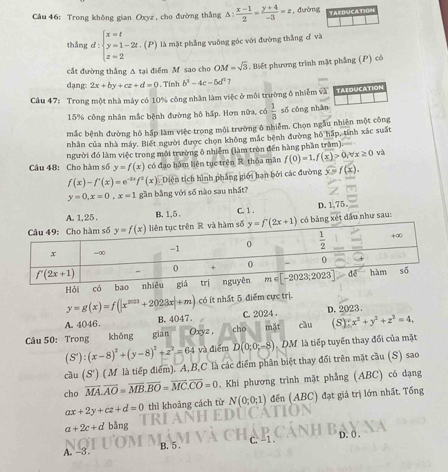 Trong không gian Oxyz , cho đường thắng Δ :  (x-1)/2 = (y+4)/-3 =z , đường TAEDUCATION
thắng d:beginarrayl x=t y=1-2t. z=2endarray.. (P) là mặt phẳng vuông góc với đường thẳng đ và
cắt đường thẳng △ t_i đại điểm M sao cho OM=sqrt(3). Biết phương trình mặt phẳng (P) có
dạng: 2x+by+cz+d=0. Tính b^2-4c-5d^2 ?
Câu 47: Trong một nhà máy có 10% công nhân làm việc ở môi trường ô nhiễm overline va TAEDUCATION
15% công nhân mắc bệnh đường hô hấp. Hơn nữa, có  1/3  số công nhân
mắc bệnh đường hô hấp làm việc trong môi trường ô nhiễm. Chọn ngầu nhiên một công
nhân của nhà máy. Biết người được chọn không mắc bệnh đường hô hấp, tính xác suất
người đó làm việc trong môi trường ô nhiễm (làm tròn đến hàng phần trăm).
Câu 48: Cho hàm số y=f(x) có đạo hàm liên tục trên R thỏa mãn f(0)=1,f(x)>0,forall x≥ 0 và
f(x)-f'(x)=e^(-2x)f^2(x). Diện tích hình phẳng giới hạn bởi các đường y=f(x),
y=0,x=0,x=1 gần bằng với số nào sau nhất?
A. 1,25 . B. 1,5 . C. 1 . D. 1,75.
bảng xét dấu như sau:
Hỏi
y=g(x)=f(|x^(2023)+2023x|+m) có ít nhất 5 điểm cực trị.
A. 4046. B. 4047. C. 2024 . D. 2023.
Câu 50: Trong không gian Oxyz , cho mặt cầu (s) x^2+y^2+z^2=4,
(S'):(x-8)^2+(y-8)^2+z^2=64 và điểm D(0;0;-8) DM là tiếp tuyến thay đổi của mặt
cau(S') (M là tiếp điểm). A,B,C là các điểm phân biệt thay đổi trên mặt cầu (S) sao
cho vector MA.vector AO=vector MB.vector BO=vector MC.vector CO=0. Khi phương trình mặt phẳng (ABC) có dạng
ax+2y+cz+d=0 thì khoảng cách từ N(0;0;1) đến (ABC) đạt giá trị lớn nhất. Tổng
a+2c+d bằng
D. () .
A. -3 B. 5 .