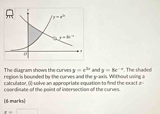 The diagram shows the curves y=e^(2x) and y=8e^(-x). The shaded
region is bounded by the curves and the y-axis. Without using a
calculator, (i) solve an appropriate equation to fnd the exact x-
coordinate of the point of intersection of the curves.
(6 marks)
x= □^(□)