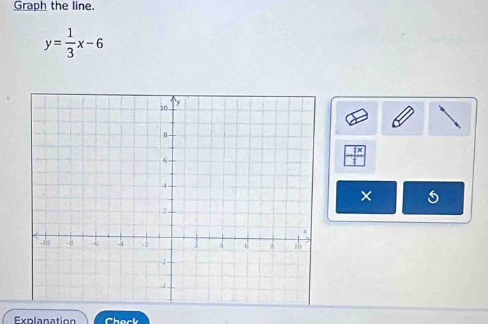 Graph the line.
y= 1/3 x-6
× 
Explanation Check