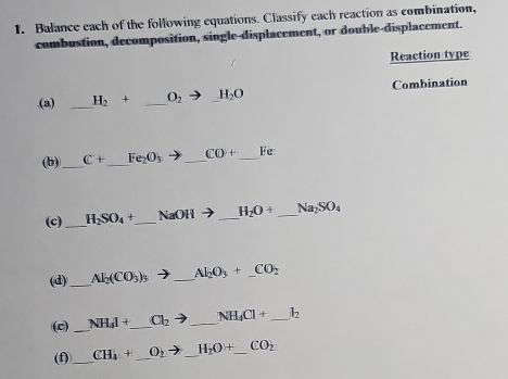 Balance each of the following equations. Classify each reaction as combination, 
combustion, decomposition, single-displacement, or double-displacement. 
Reaction type 
(a) _ H_2+ _  O_2to H_2O Combination 
(b) _ C+ _  Fe_2O_3to _  CO+ _  Ifa
(c) _ H_2SO_4+ _  NaOH _ H_2O+ _ Na_2SO_4
(d)_ Al_2(CO_3)_5to _ Al_2O_3+_ CO_2
(c) _ NH_4I+_  _ Cl_2to _  NH_4Cl+ _  l_2
(f)_ CH_4+_ O_2to _ H_2O+ _  CO_2