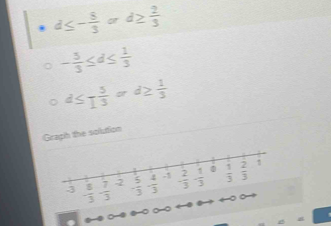 d≤ - 8/3   □ /□°  □ d≥  2/3 
- 5/3 ≤ d≤  1/3 
d≤ - 5/3 ord≥  1/3 
Graph the solution
∠ 5 ∠