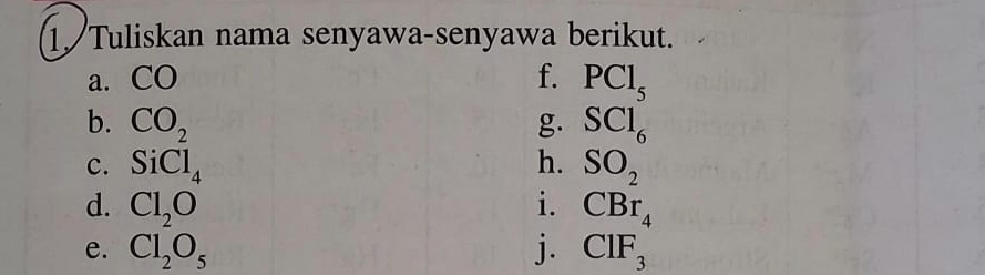 Tuliskan nama senyawa-senyawa berikut. 
a. CO f. PCl_5
b. CO_2 g. SCl_6
c. SiCl_4 h. SO_2
d. Cl_2O i. CBr_4
e. Cl_2O_5 j. ClF_3