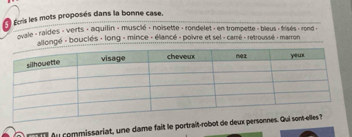 Écris les mots proposés dans la bonne case. 
ovale - raides - verts - aquilin - musclé : noisette - rondelet - en trompette - bleus - frisés - rond « 
allongé - bouclés - long : mince : élancé : poivre et sel - carré - retroussé - marron 
Au commissariat, une dame fait le portrait-robot de de