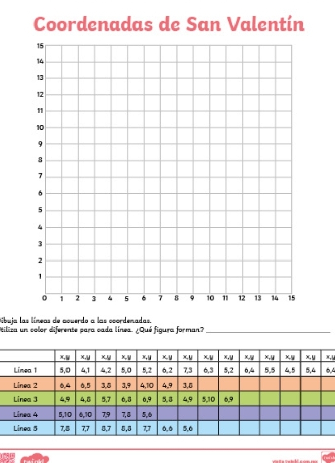 Coordenadas de San Valentín
íbuja las líneas de acuerdo a las coordenadas.
tiliza un color diferente para cada línea. ¿Qué figura forman?_
x,y
,4