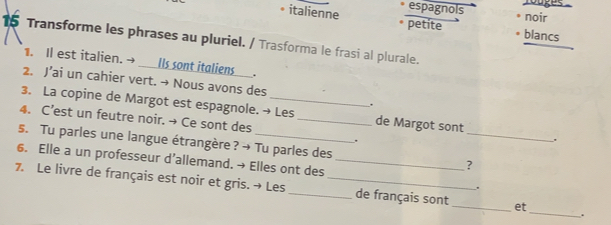 youges 
espagnols noir 
italienne * petite blancs 
15 Transforme les phrases au pluriel. / Trasforma le frasi al plurale. 
1. Il est italien. → __lls sont italiens__. 
2. J’ai un cahier vert. → Nous avons des 
. 
3. La copine de Margot est espagnole. → Les de Margot sont 
4. C’est un feutre noir. → Ce sont des_ 
. 
s. Tu parles une langue étrangère ? → Tu parles des ? 
6. Elle a un professeur d’allemand. → Elles ont des_ 
. 
7. Le livre de français est noir et gris. → Les_ _de français sont _et _.