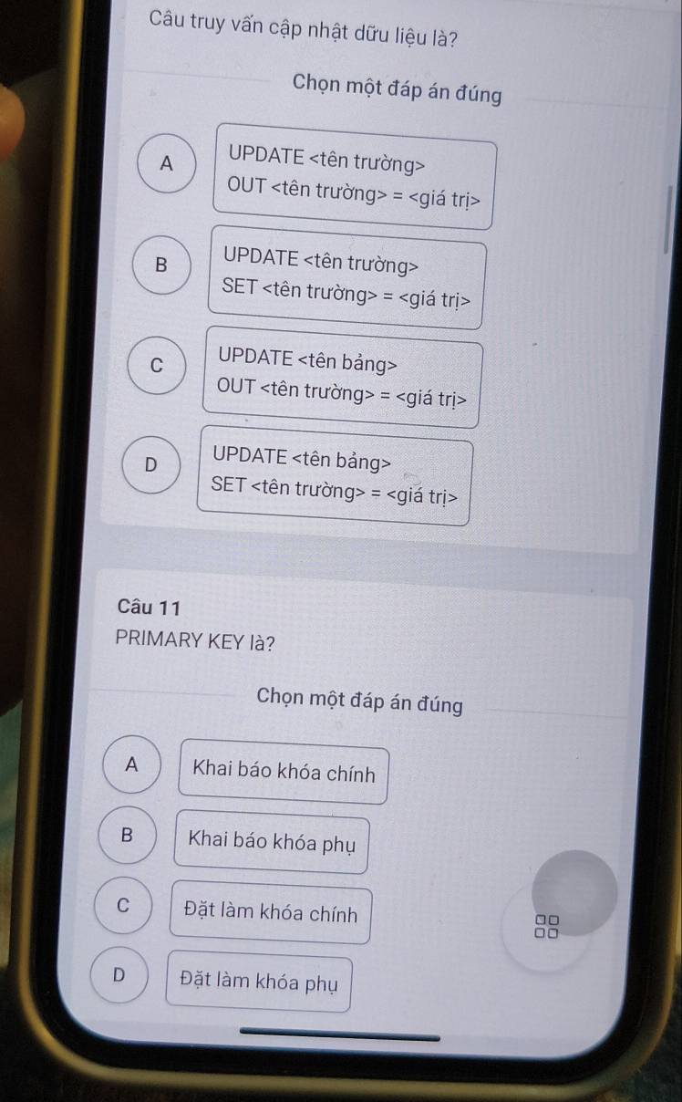 Câu truy vấn cập nhật dữu liệu là?
Chọn một đáp án đúng
A UPDATE
OUT =
B UPDATE
SET =
C UPDATE
OUT =
D UPDATE
SET =
Câu 11
PRIMARY KEY là?
Chọn một đáp án đúng
A Khai báo khóa chính
B Khai báo khóa phụ
C Đặt làm khóa chính
□□
□□
D Đặt làm khóa phụ