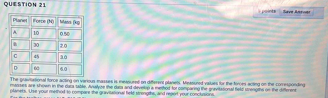 Save Answer 
The gravitational force acting on various masses is measured on different planets. Measured values for the forces acting on the corresponding 
masses are shown in the data table. Analyze the data and develop a method for comparing the gravitational field strengths on the different 
planets. Use your method to compare the gravitational field strengths, and report your conclusions.