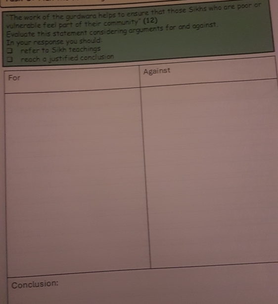 "The work of the gurdwara helps to ensure that those Sikhs who are poor or 
vulnerable feel part of their community" (12) 
Evaluate this statement considering arguments for and against. 
In your response you should: 
] teachings 
J 
F