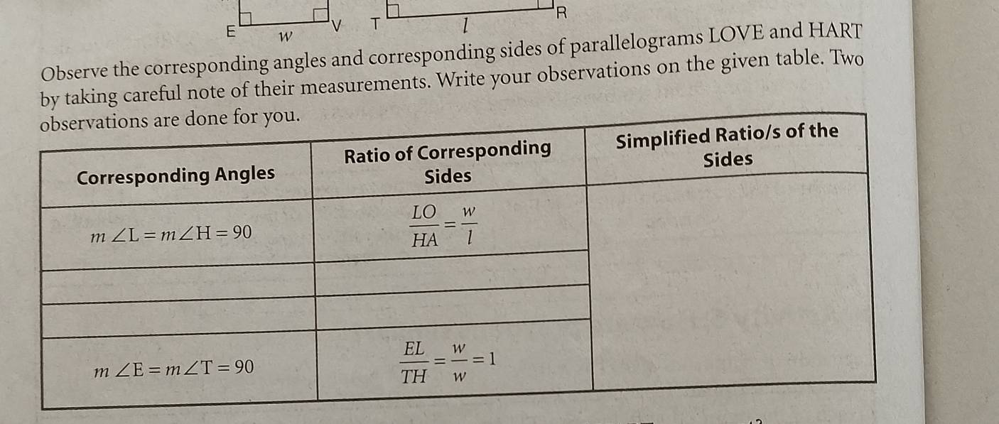 Observe the corresponding angles and corresponding sides of parallelograms LOVE and HART
by taking careful note of their measurements. Write your observations on the given table. Two