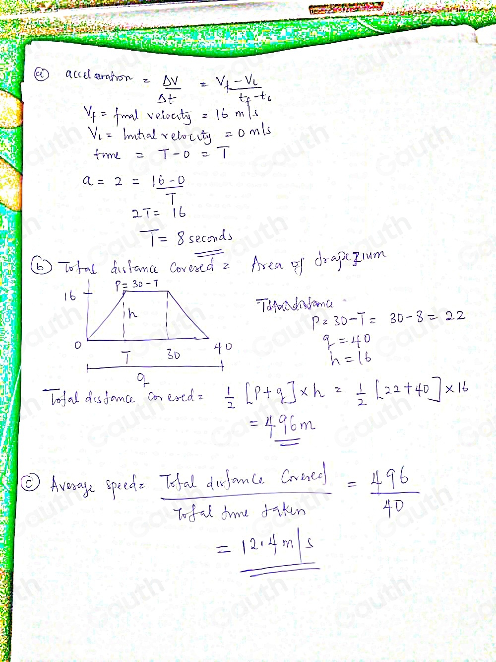 ( acceleration = Delta v/Delta t =frac V_f-V_Lt_f-t_l
V_f=fma d velocity =16m/s
V_l= buhal relocity =0m/s
time =T-0=T
a=2= (16-0)/T 
2T=16
T=8sec onds
⑥ Tofal disfance Covesed 2 Area of drapeglum 
ToAndafama
P=30-T=30-8=22
q=40
h=16
Tofal disfamce corered-  1/2 [p+q]* h= 1/2 [22+40]* 16
=496m
⑤ Average speedz frac 7ofaldntersucors= 496/40 = 496/40 
=frac 12.4m/s