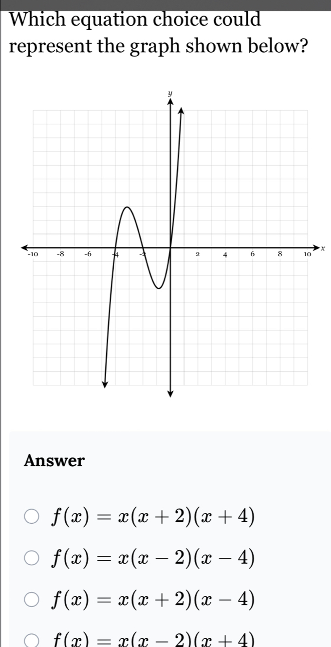 Which equation choice could
represent the graph shown below?
x
Answer
f(x)=x(x+2)(x+4)
f(x)=x(x-2)(x-4)
f(x)=x(x+2)(x-4)
f(x)=x(x-2)(x+4)