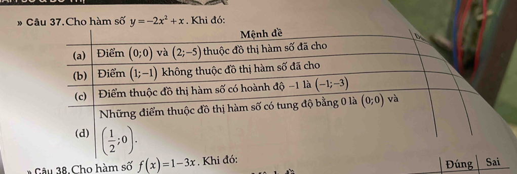 » Câu 37.Cho hàm số y=-2x^2+x. Khi đó:
Câu 38. Cho hàm số