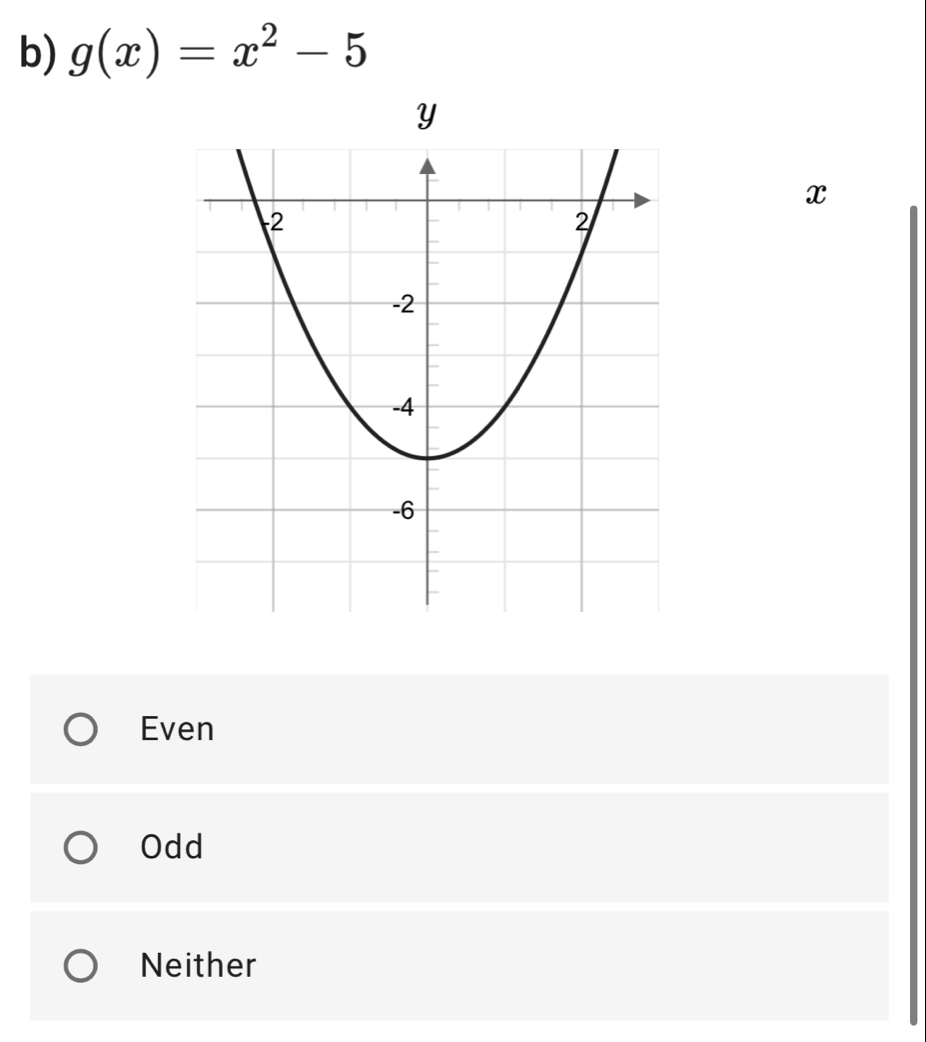 g(x)=x^2-5
x
Even
Odd
Neither